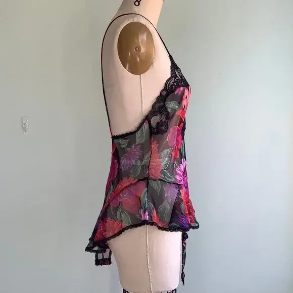 1980s Dark Floral Sheer Teddy & Bed Jacket Lucie Ann II Vintage Lingerie - Picture 5 of 9